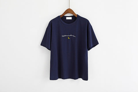 Harajuku Cute Moon Embroidery Print T-shirt
